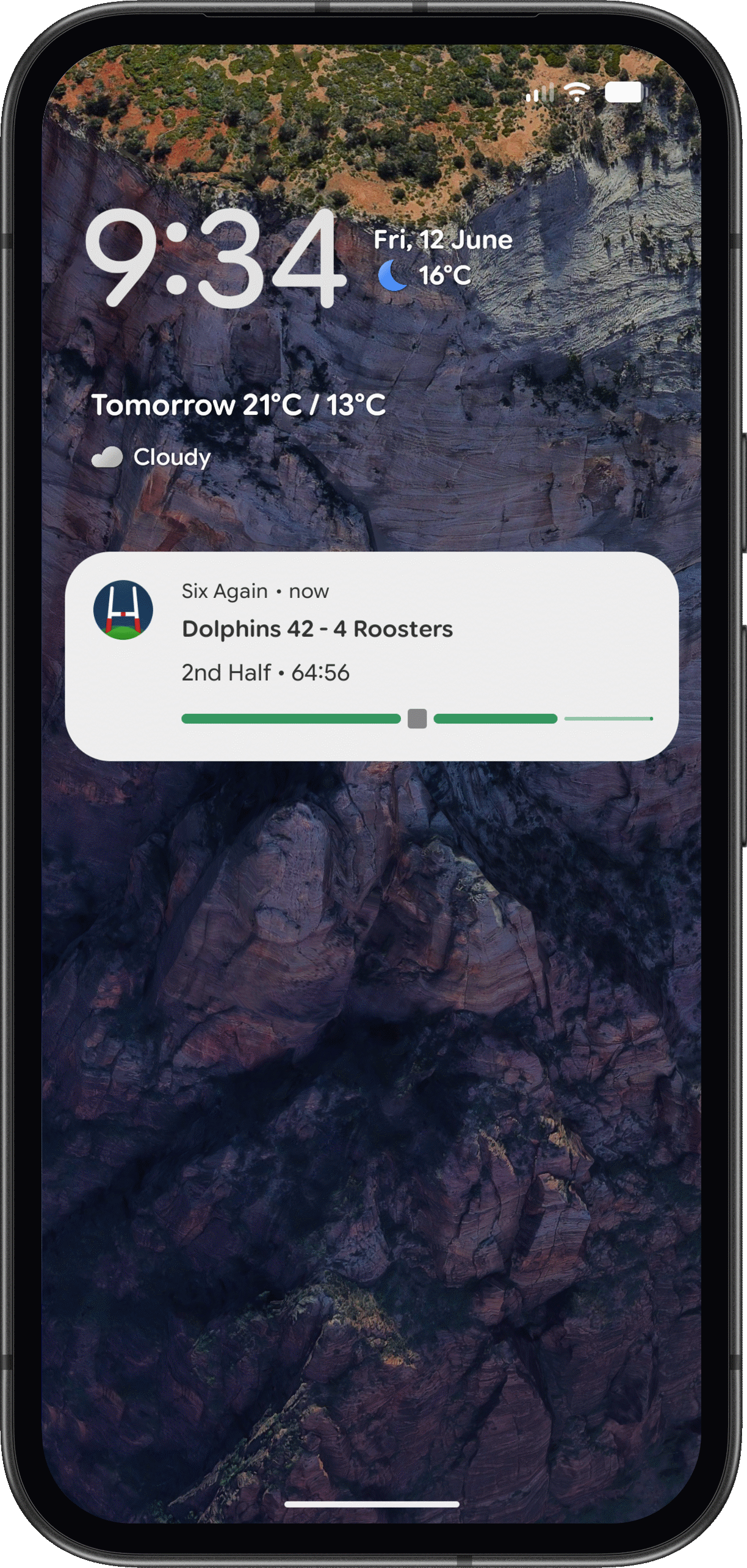 Six Again Live Update showing a live NRL score on the Android lock screen