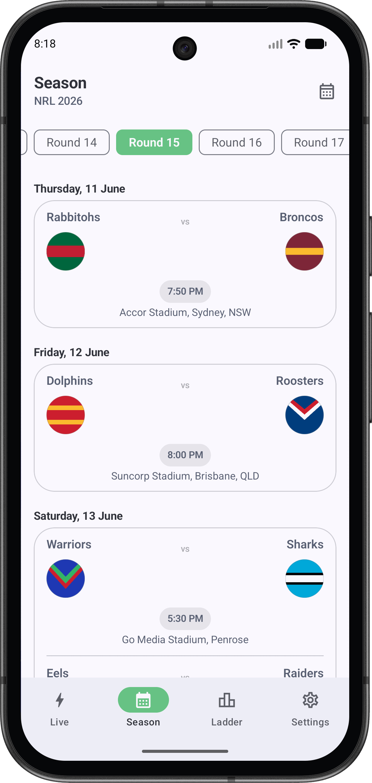 Six Again NRL season draw on Android