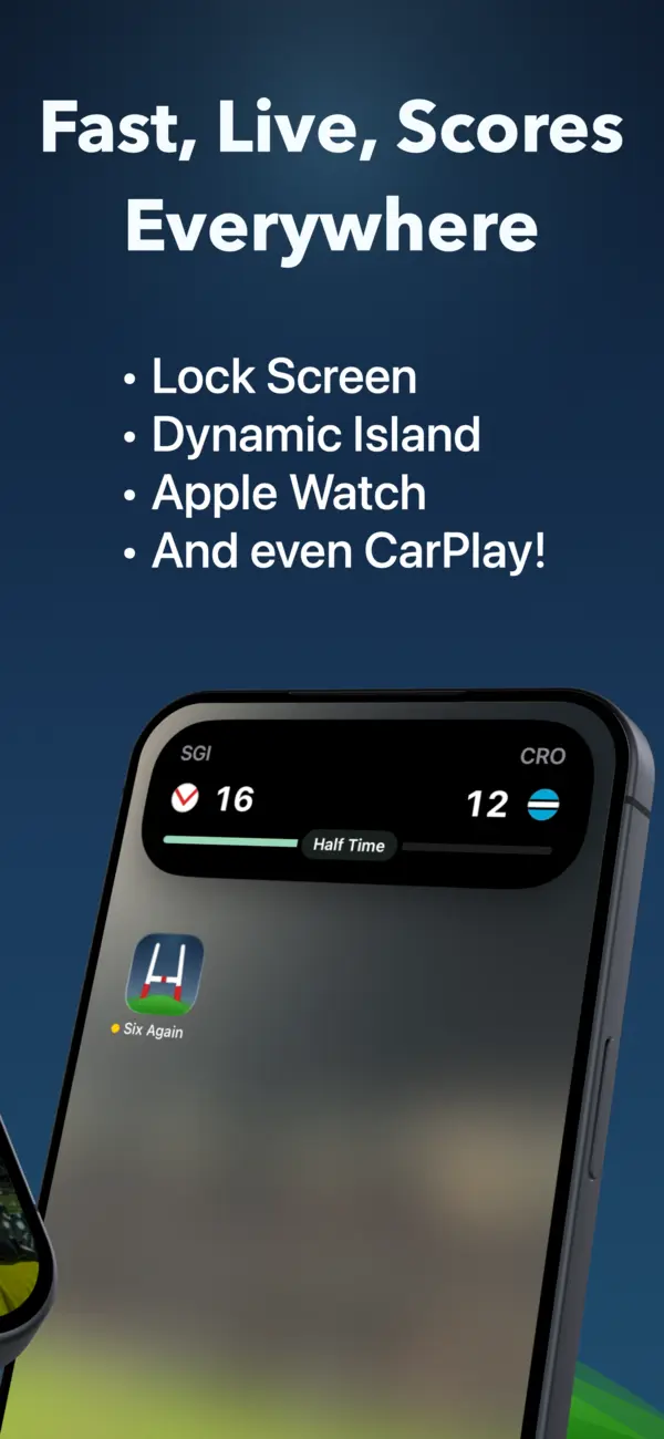 Six Again live NRL score in the iPhone Dynamic Island, with Lock Screen, Apple Watch and CarPlay support listed
