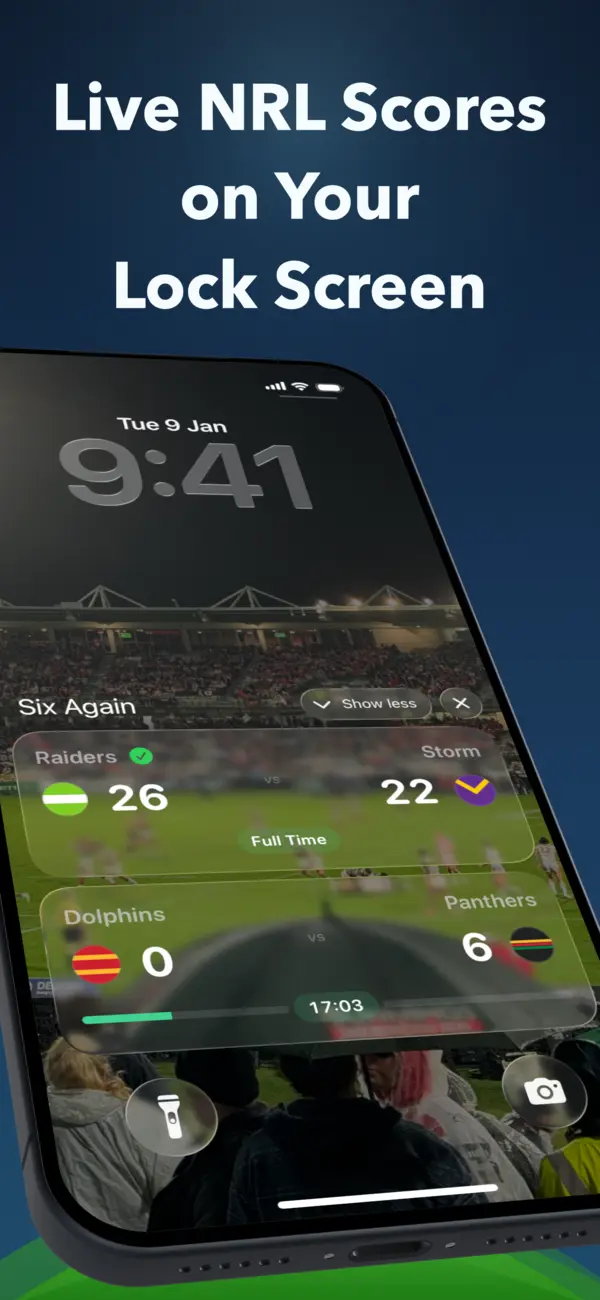 Six Again Live Activity showing a live NRL score on the iPhone Lock Screen