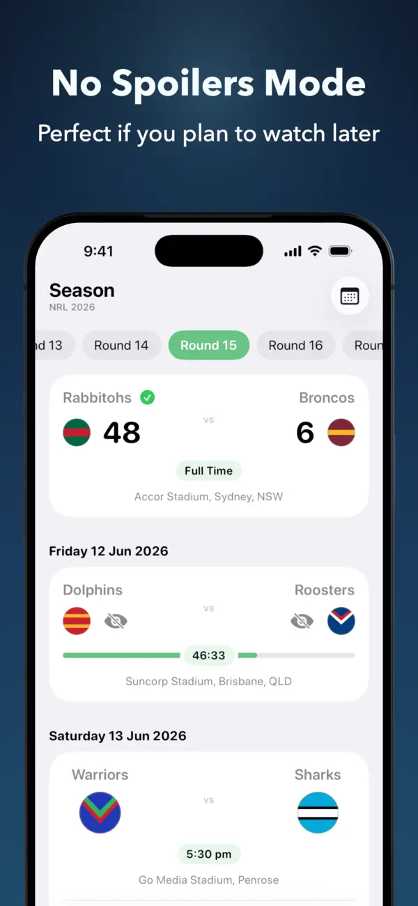 Six Again Avoid Spoilers mode hiding a match score
