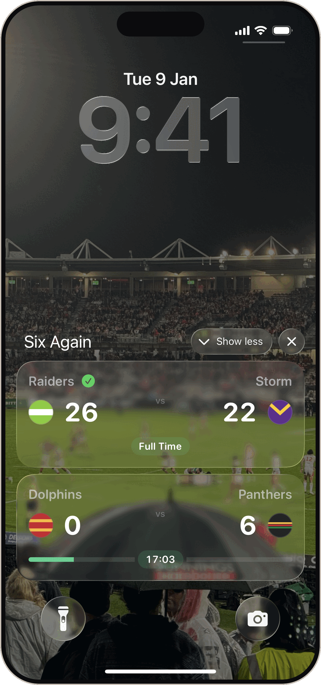 Six Again Live Activities showing live NRL scores on the iPhone Lock Screen