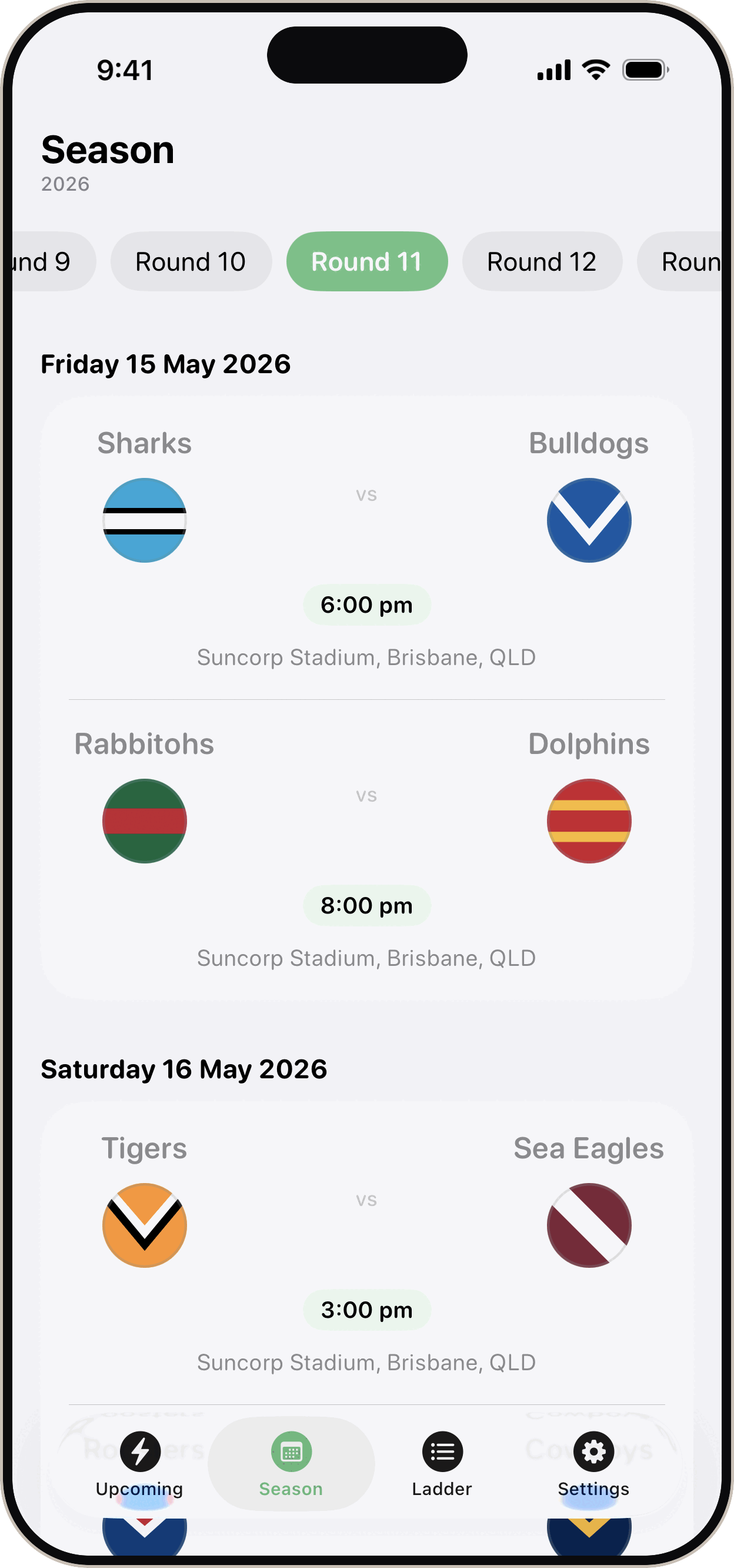 Six Again NRL season draw on iPhone