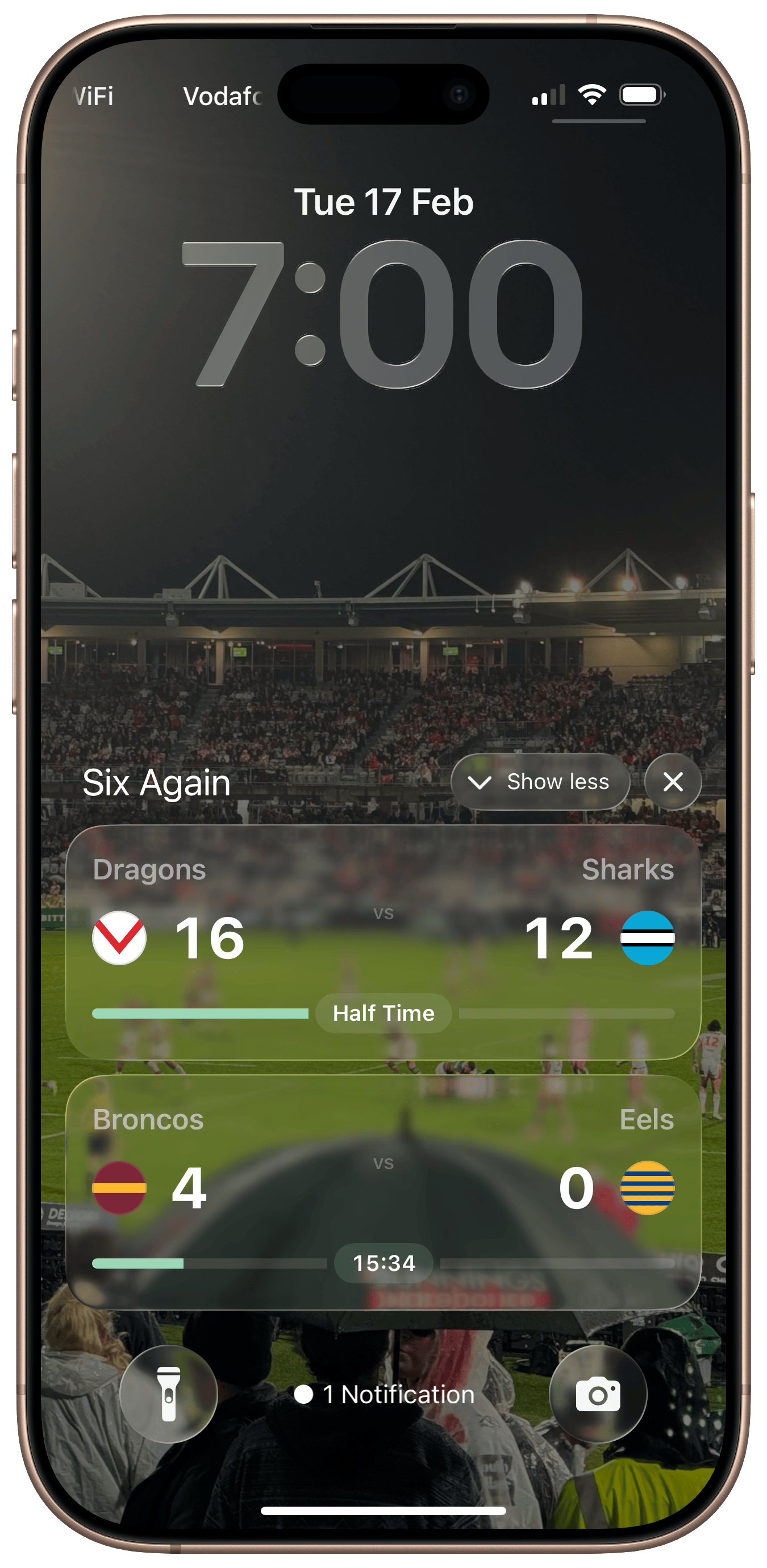Six Again app screenshot showing live NRL scores
